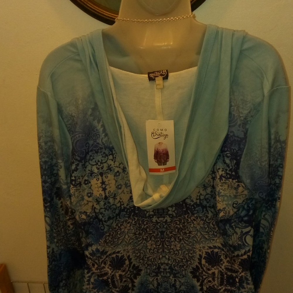 🥰💥🆑 NWT 🆕Como Vintage Lovely Blue Patterned Zippered Hoodie NWT - Picture 7 of 9